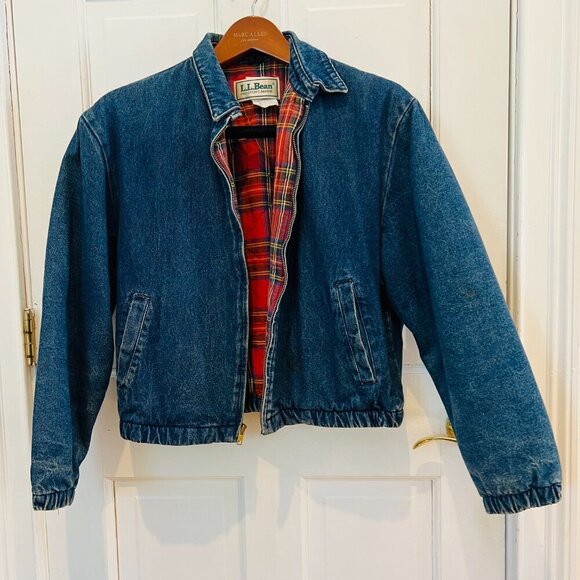 LL BEAN Insulated Flannel Lined Barn Chore Denim Harrington Jacket Coat VTG 80s - Picture 4 of 16